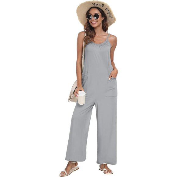 PrinStory Womens Light Gray Jumpsuits Spaghetti Long Pant Overalls with Pockets - Picture 5 of 6
